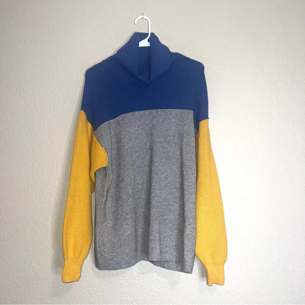 Free People Softly Structured Blue Gold Gray ColorBlock Turtleneck Sweater Sz XS